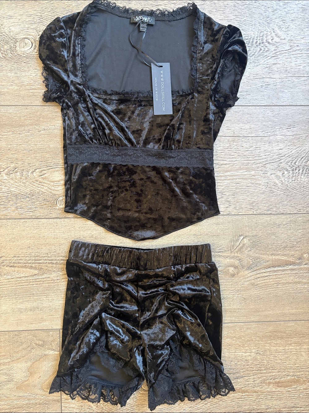 Dolls Kill Brand Widow Black Velvet Lace Trim Top & Matching Bloomer Shorts Set